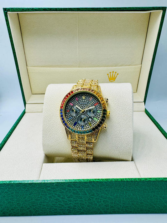 Gold Black Rainbow Rolex Iced Out Watch