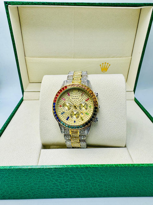 Gold Silver Rainbow Rolex Iced Out Watch