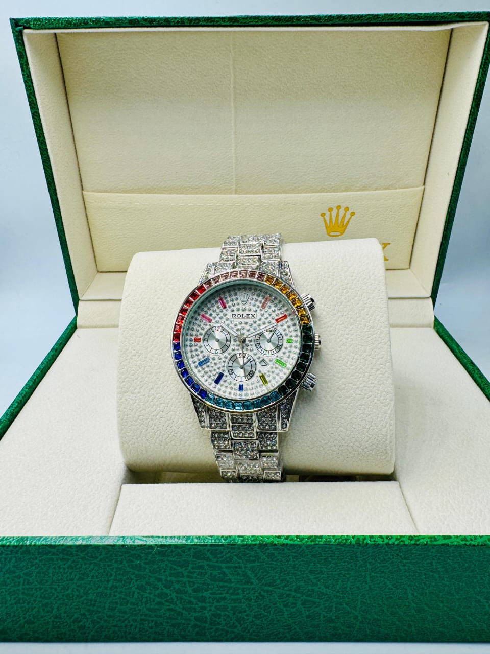 Silver Rainbow Rolex Iced Out Watch