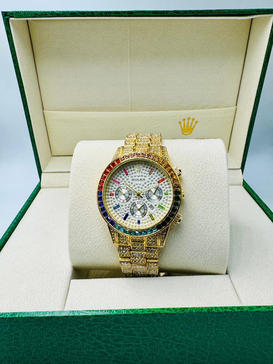 Gold Rainbow Rolex Iced Out Watch