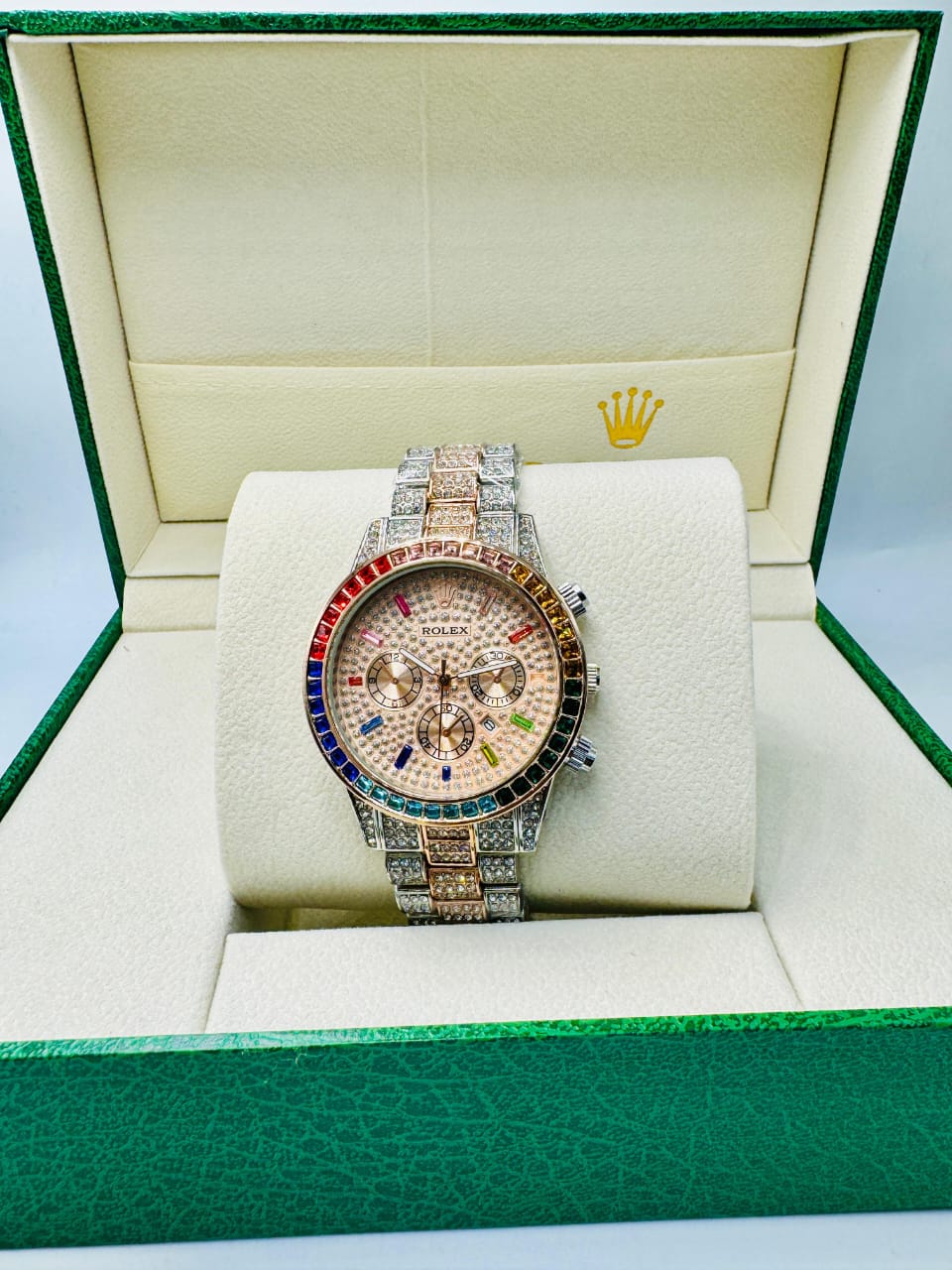 Rose Gold Rainbow Rolex Iced Out Watch