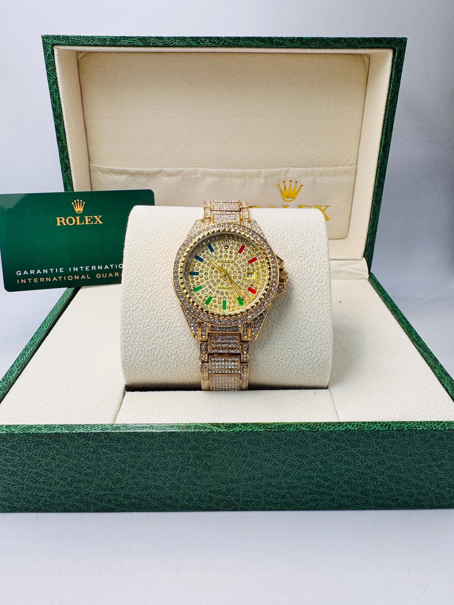 Rolex Gold Studded Diamond Chain Colour Arabic Digits Watch For Men