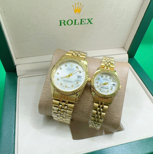 ROLEX ROMAN NUMBERS STAINLESS STEEL CHAIN LADIES GENTS PAIR AA QUALITY WATCH WITH BOX 🎁