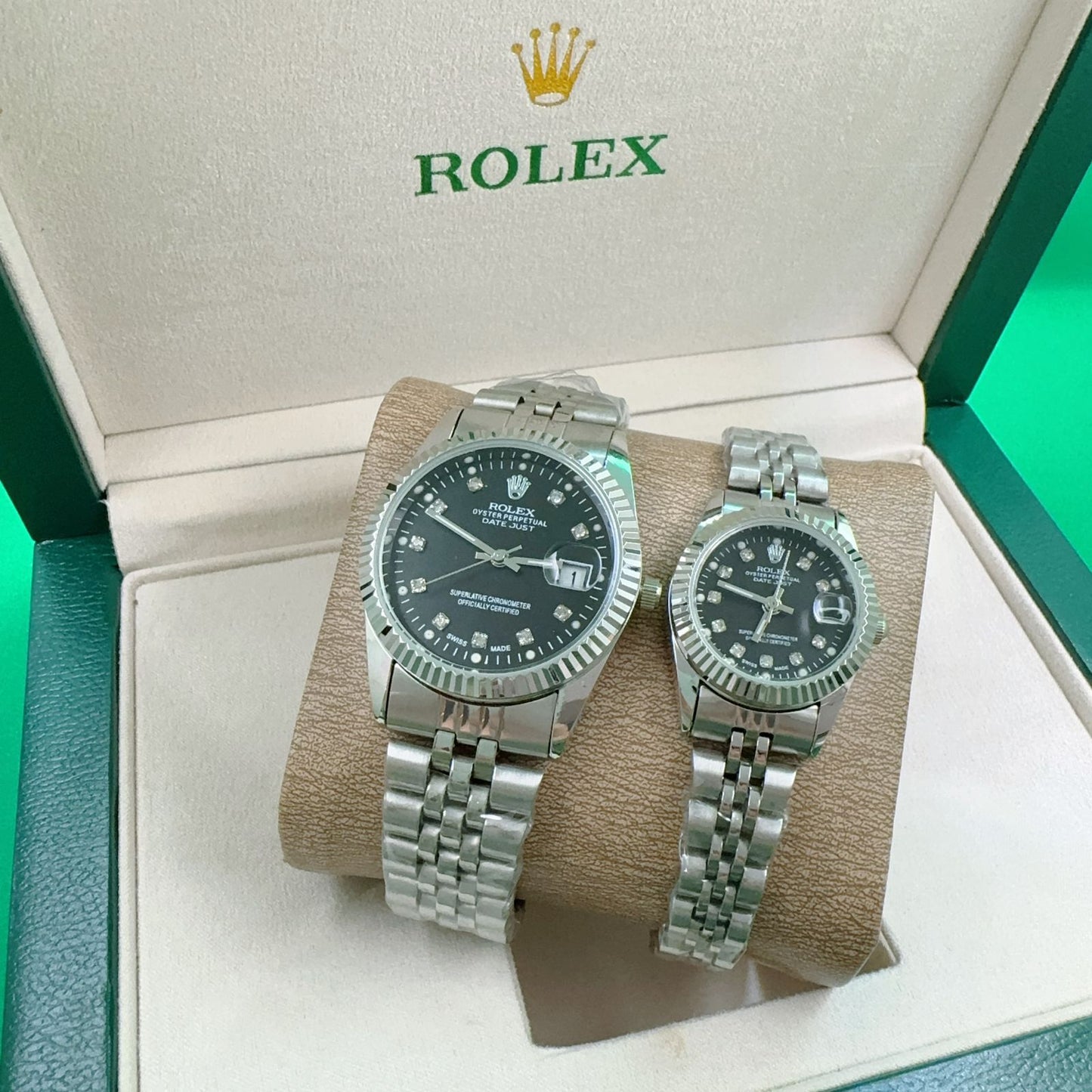 ROLEX SILVER BLACK ROMAN NUMBERS STAINLESS STEEL CHAIN LADIES GENTS PAIR AA QUALITY WATCH WITH BOX 🎁 (Copy) (Copy)