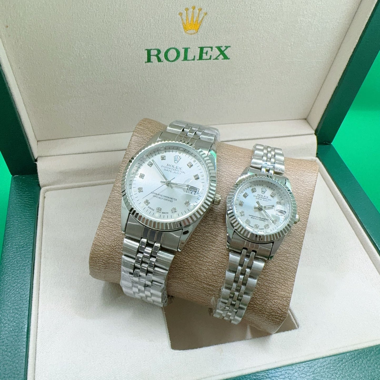 ROLEX SILVER ROMAN NUMBERS STAINLESS STEEL CHAIN LADIES GENTS PAIR AA QUALITY WATCH WITH BOX 🎁