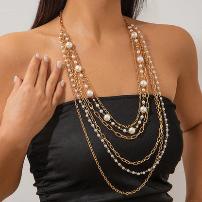 Cold Stringed Pearls Long Necklace Suit