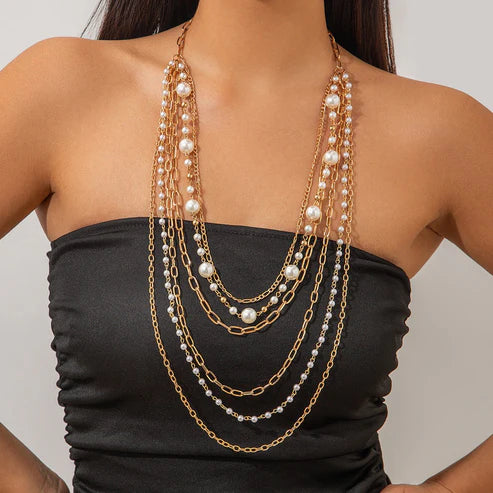 Cold Stringed Pearls Long Necklace Suit