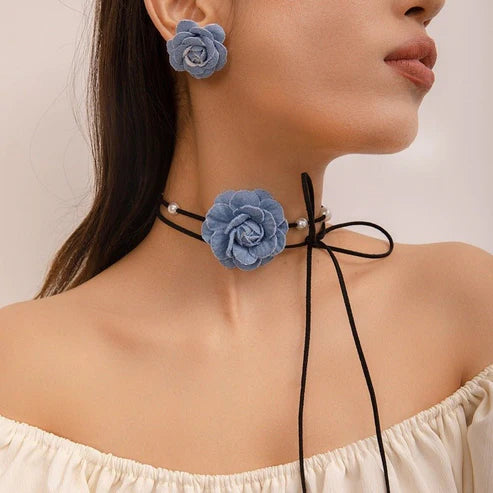 Denim Camellia Beaded Lace-up Necklace And Earrings Suite