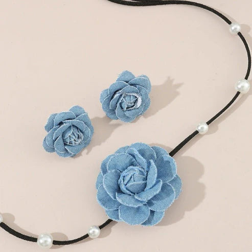 Denim Camellia Beaded Lace-up Necklace And Earrings Suite