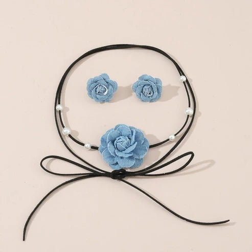 Denim Camellia Beaded Lace-up Necklace And Earrings Suite