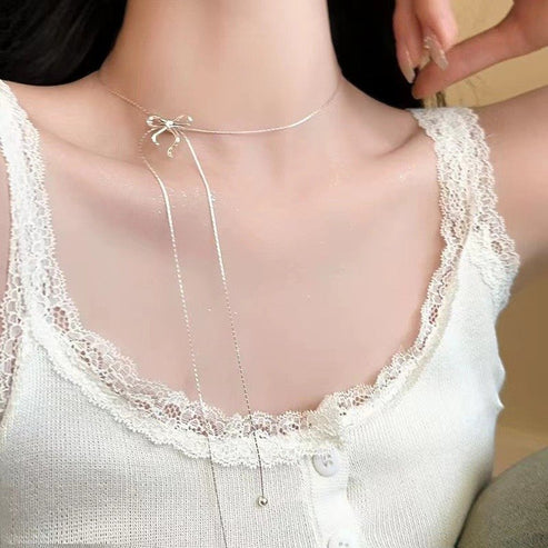 Long Bow Tie Tassel Pull Necklace For Women