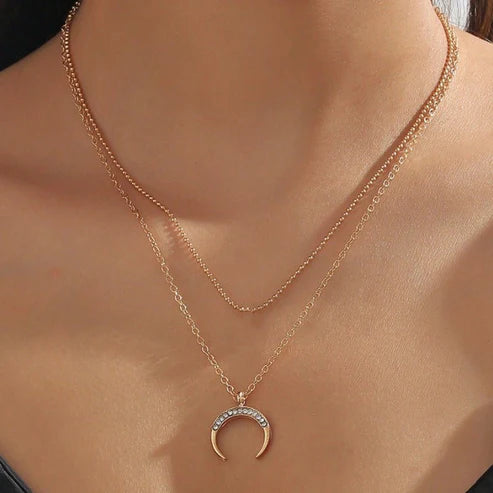 Moon Pendant Double-layer Necklace For Women Exaggerated And Personalized