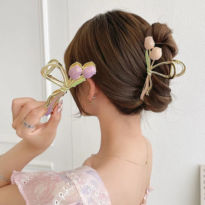 Oil Dripping Tulip Metal Grip Back Head Elegant Barrettes